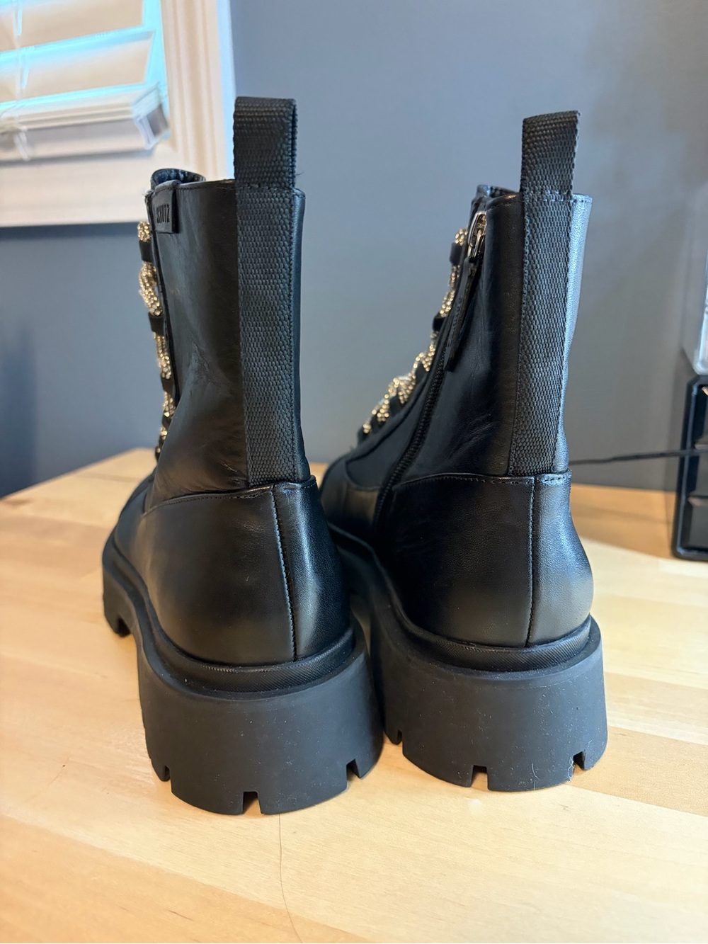 New. Schutz Kaile Glam Lace Up Lug Combat Moto Leather Boots in Black Size 8 - Picture 8 of 9